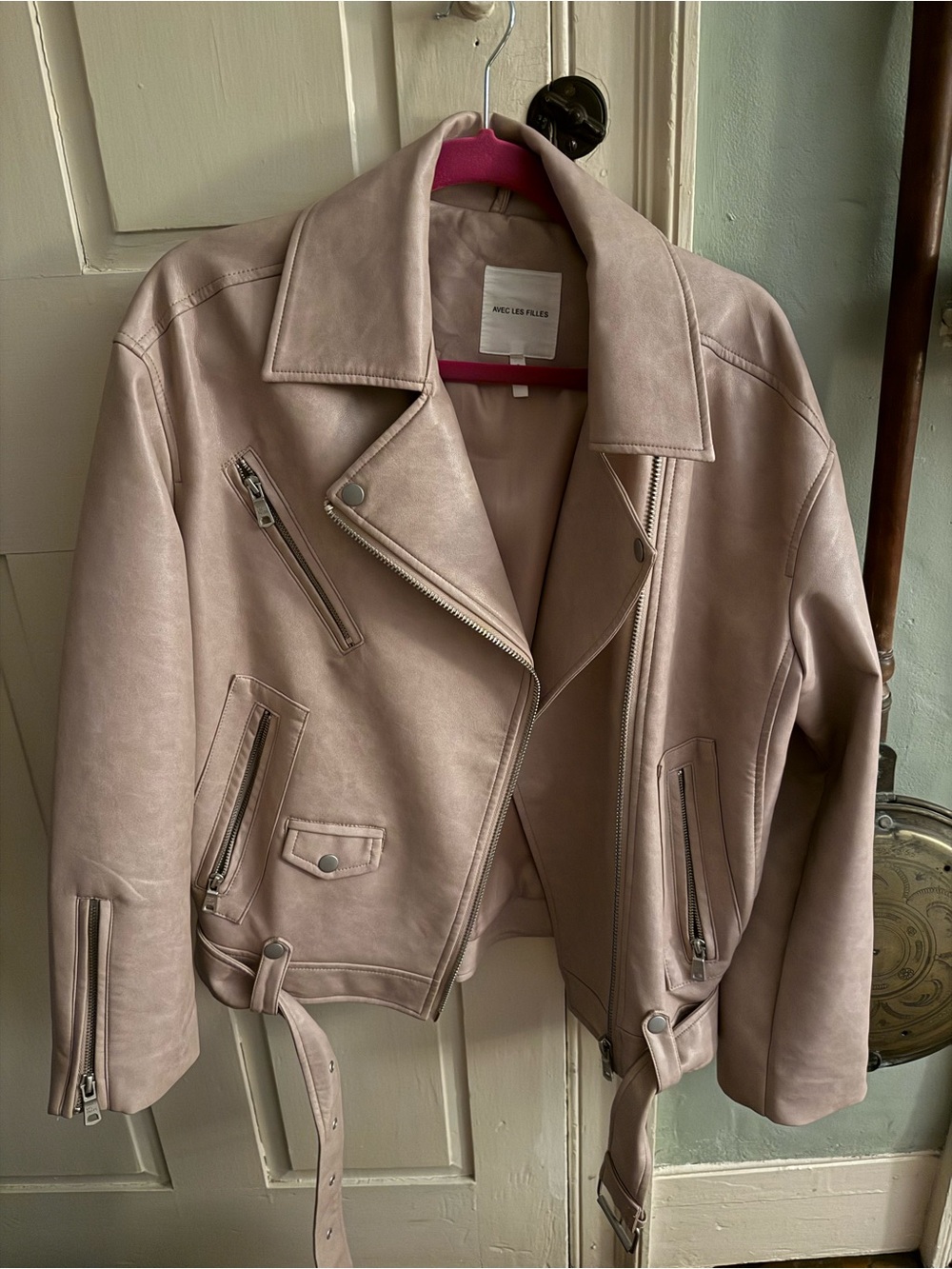 Avec Les Filles Pale Pink Leather Moto Jacket